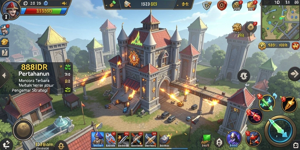 Gameplay 888IDR menampilkan pertahanan yang strategis dan menara yang beragam.