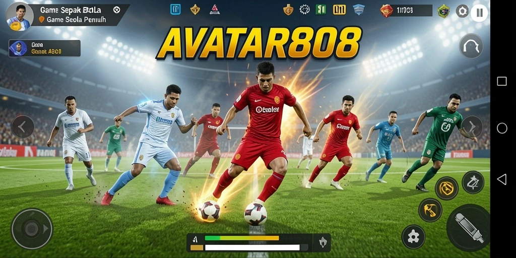 Screenshot gameplay AVATAR808 menunjukkan aksi seru di lapangan sepak bola.
