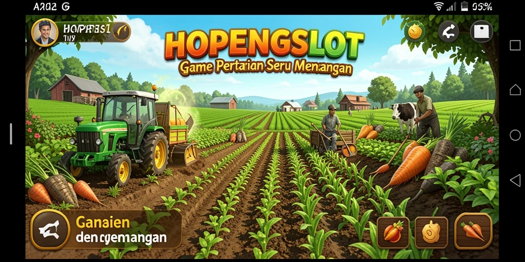 Tampak screenshot gameplay <strong>HOPENGSLOT</strong> dengan aktivitas bertani yang seru.