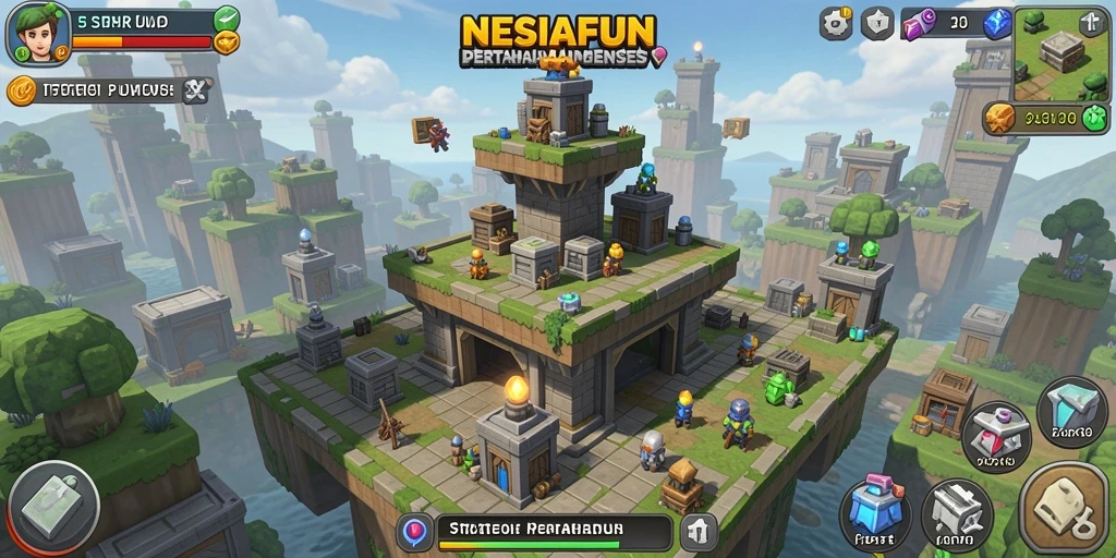 Screenshot gameplay NESIAFUN yang menunjukkan menara bertahan melawan serangan musuh.