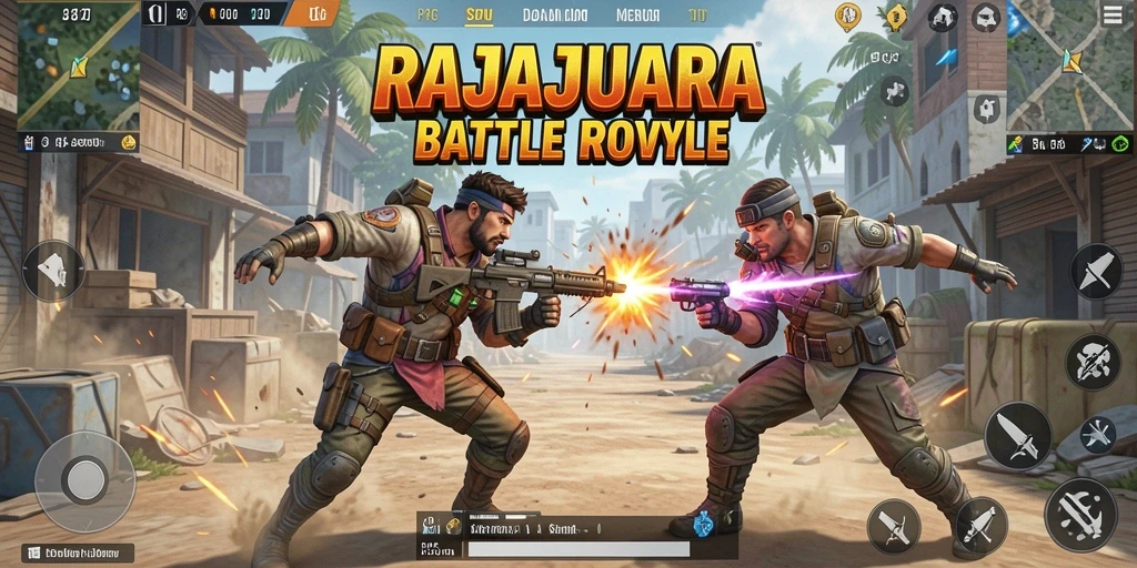 Tampilan gameplay RAJAJUARA dengan intensitas pertempuran Battle Royale.