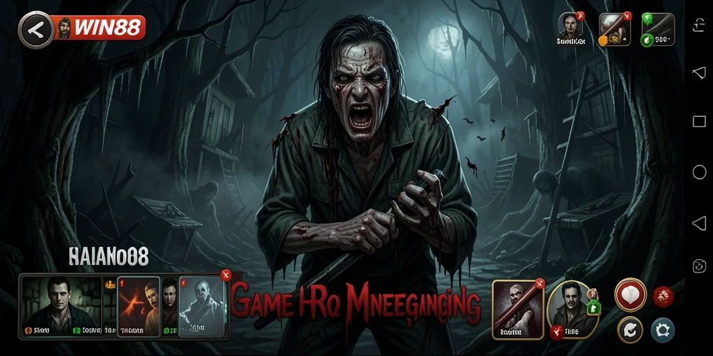 Screenshot gameplay WIN88 yang menampilkan suasana mencekam dan karakter horor.